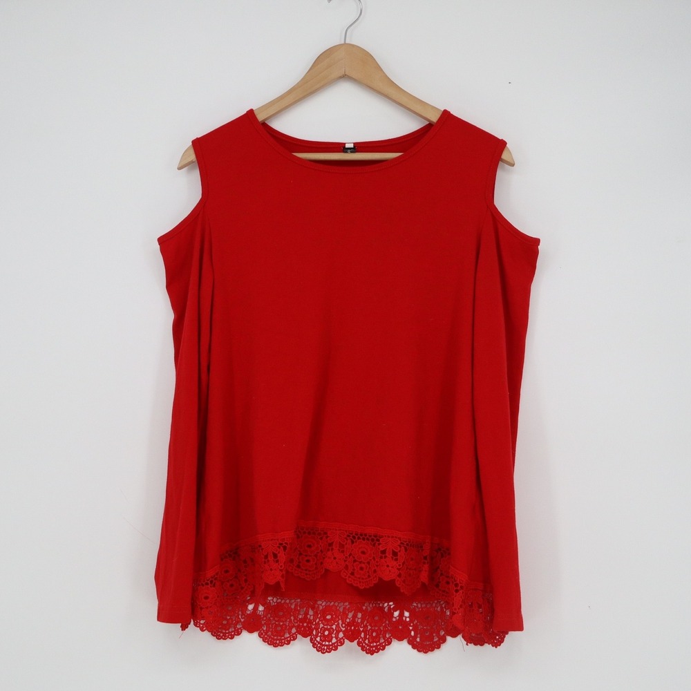 Fashion Red Cold Shoulder Long Sleeve Top Crochet Lace Trim Size M